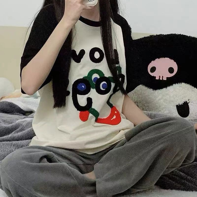 Red [100% katun] ins net merah musim panas handuk anak anjing baru bordir splicing longgar leher bulat lengan pendek t-shirt fashion wanita