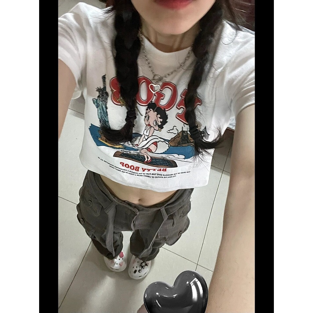 Red American Retro Depan Bahu T-shirt Wanita Lengan Pendek BM Gaya Musim Panas Baru Pelangsing Slim Manis Hot Gadis Pendek murni Keinginan Top