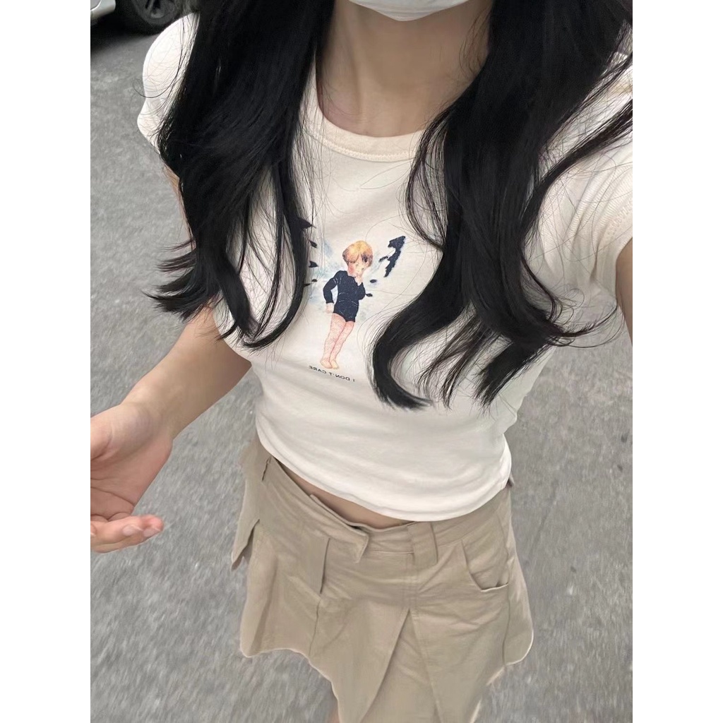 Red 100% Katun Pendek Sweet Angel Elf Cetak Bm Lengan Pendek T-shirt Self-Budidaya Bottoming Top Wanita Ins Musim Panas