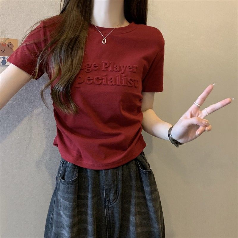 Red Katun murni huruf tiga dimensi pendek t-shirt wanita musim panas rasa desain niche chic atasan ramping dan kecil tidak beraturan