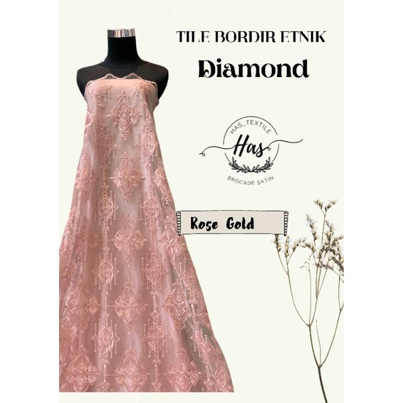 Bahan Kain Brokat Tile Etnik Keraton Diamond Warna Rose Gold