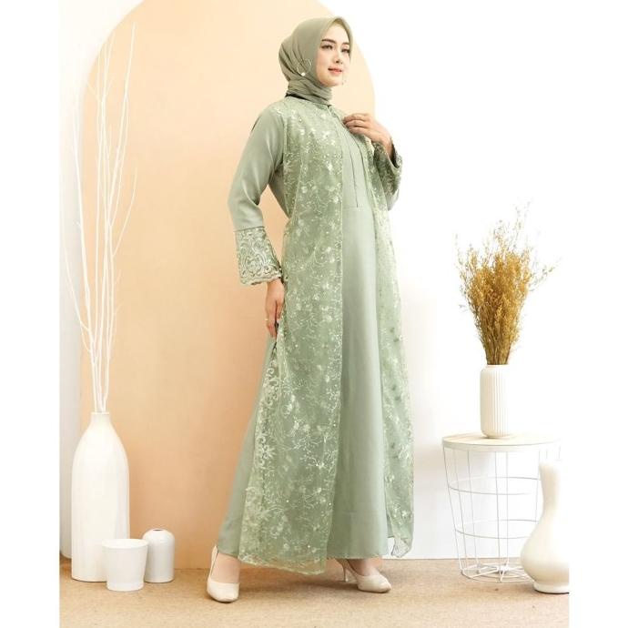 Lebaran gamis hena pesta brukat tile moscrepe dress hijau sage XL XXL