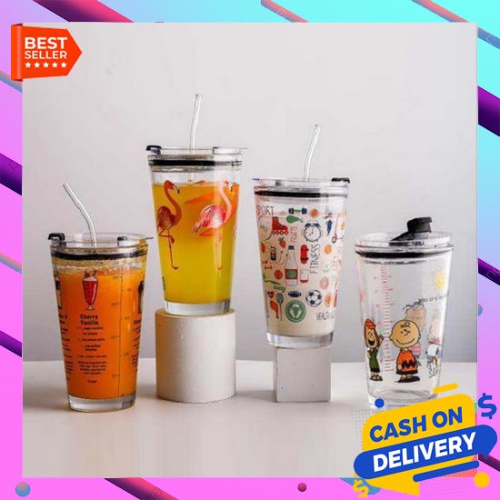 Tumbler Minum Tumbl Kopi Lucu Sedotan Bottle Korea Plastik Tumbrl Minu Tumbler Gelas Kaca Motif Anim