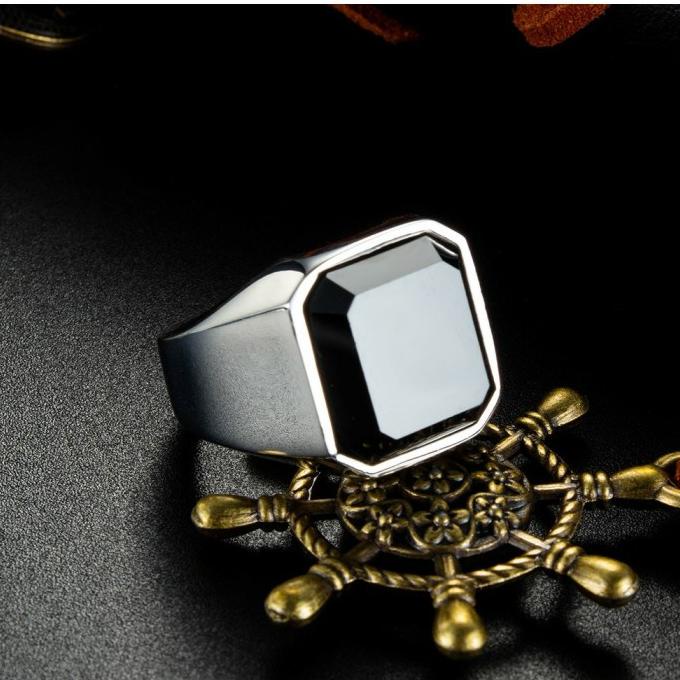 6,6 Cincin Black Onyx Akik Batu Casual Not Titanium Pria Wanita Destro Keren Premium Ekslusif Square