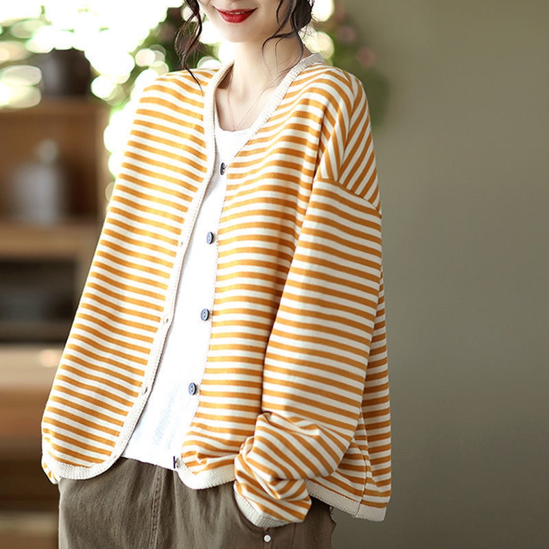 Red Kapas Musim Semi Baru Bergaris Anyaman Tepi Single-Breasted Tombol Wanita Lengan Panjang Pendek Mantel Wanita Cardigan Top