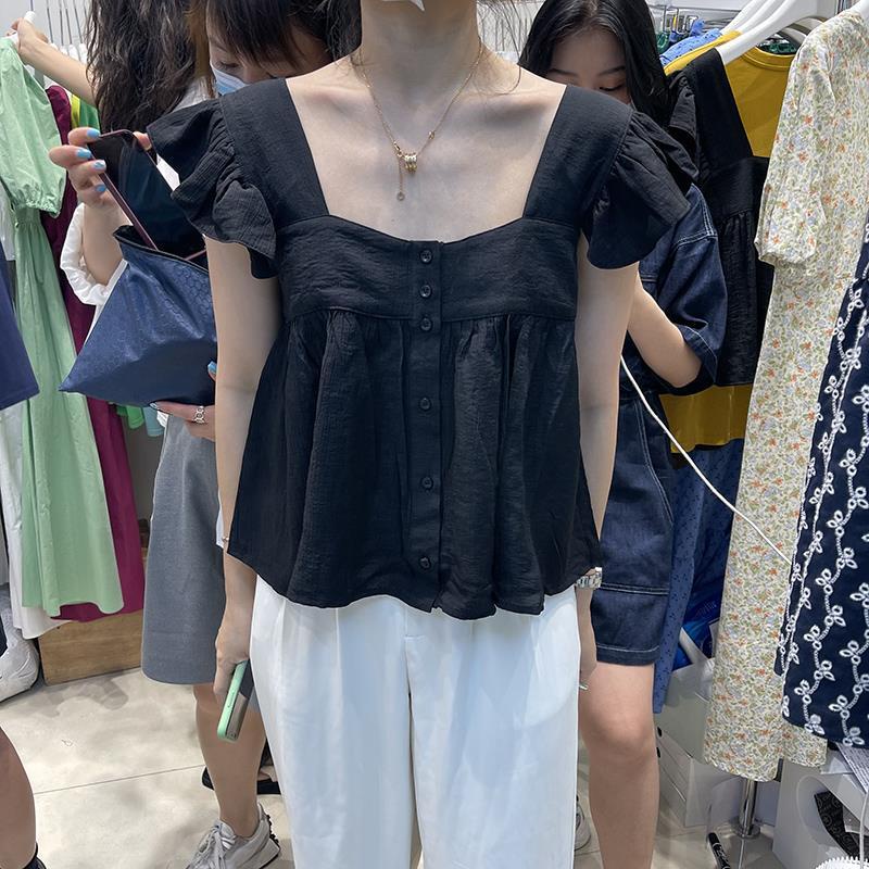 Red TRUSTME French retro square collar ruffles tipis longgar bagian pendek all-match kemeja lengan terbang kecil wanita musim panas teratas