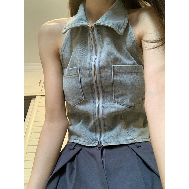 Red American retro design sense POLO collar denim vest wanita musim panas keinginan murni menggantung leher tinggi pinggang pendek tanpa lengan rompi