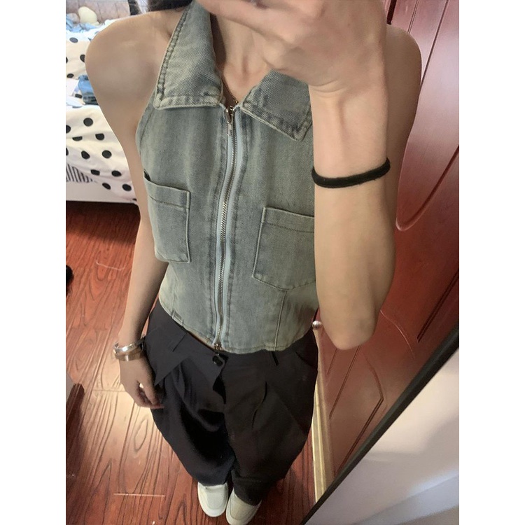 Red American retro design sense POLO collar denim vest wanita musim panas keinginan murni menggantung leher tinggi pinggang pendek tanpa lengan rompi