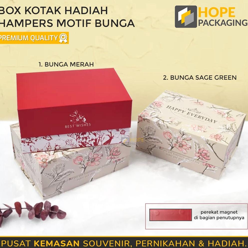 

New Box Kotak Hadiah Hampers Motif Bunga Merah dan Sage Green/ Kotak Souvenir Magnet