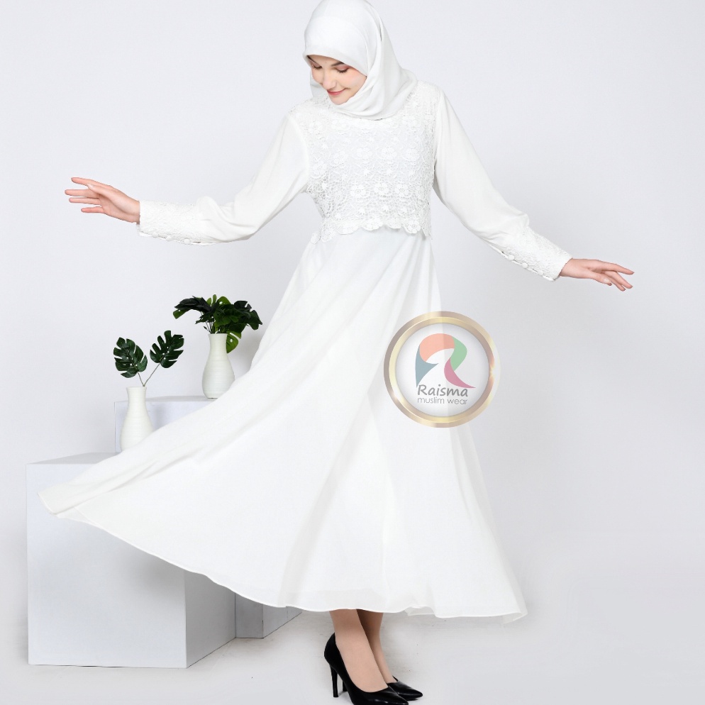 Hot sale. Raisma - Gamis Putih Tulang Lebaran Cantik Dan Elegan Baju Gamis Putih Wanita Terbaru 2022