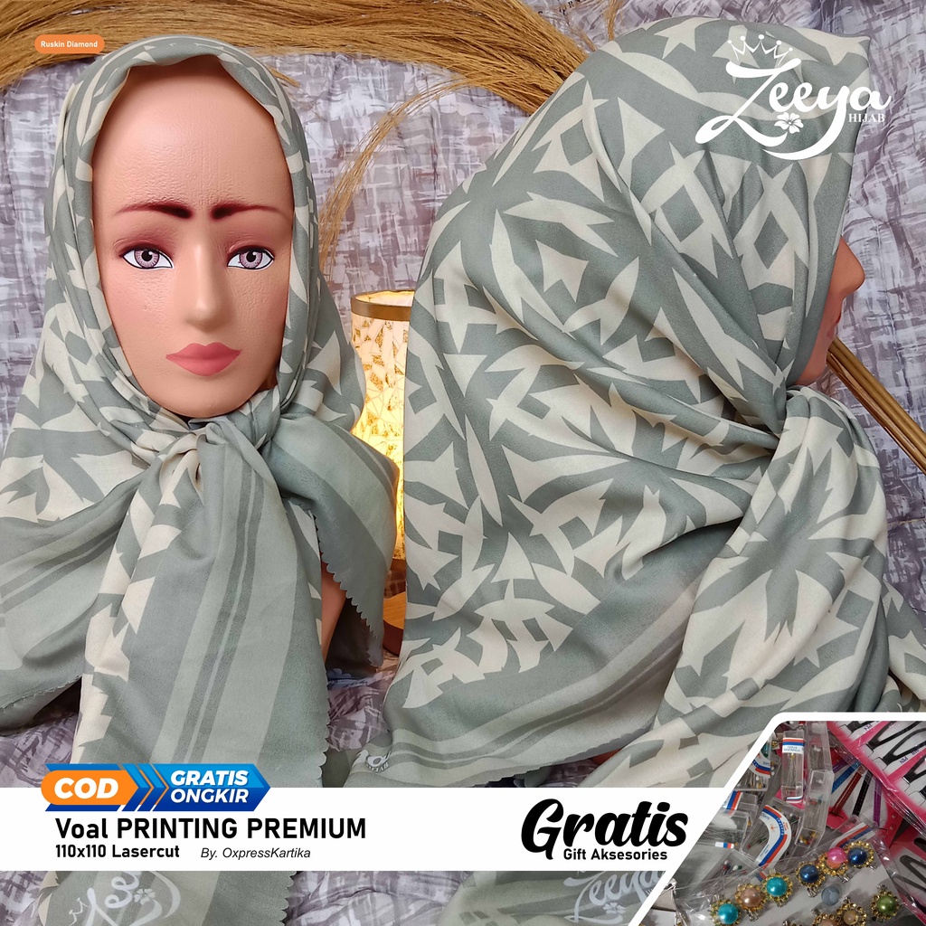 Kerudung VOAL hijab wanita fullprinting premium lasercut Gratis peniti hijab bross dll gambar realpict/Zeeyahijab