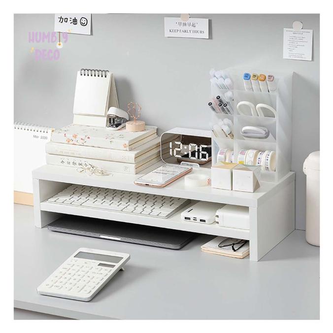 

Korean Aesthetic 2 Tier Stack White Study Table Wood Desk Organizer
