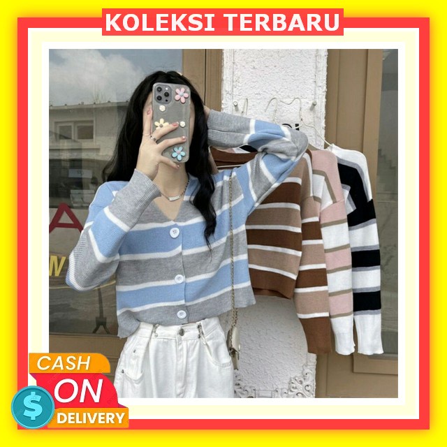 Cardigan Rajut Ruffle Wilona Kancing Tebal Gudang A | Cardigan Korean Style Motif Garis Putih Crop K