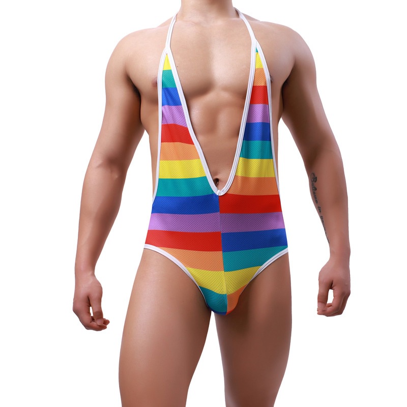 Sexy Mens Undershirts Printing Open Butt One-piece Lingerie Jockstrap Leotard Wrestling Singlet Jump