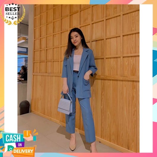 One Set Blazer Wanita Kerja  Korean Style Jumbo Kemeja Cewe Bahan Adem Outer Kondangan Untuk Ootd Ba