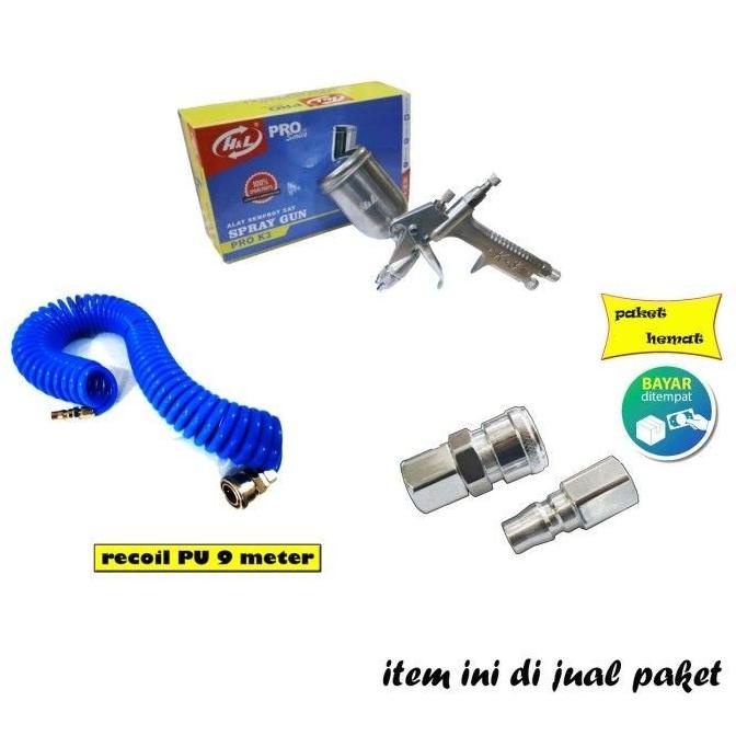 Paket Selang Spiral 9M Spray Gun Coupler Kompresor Angin Udara Spet