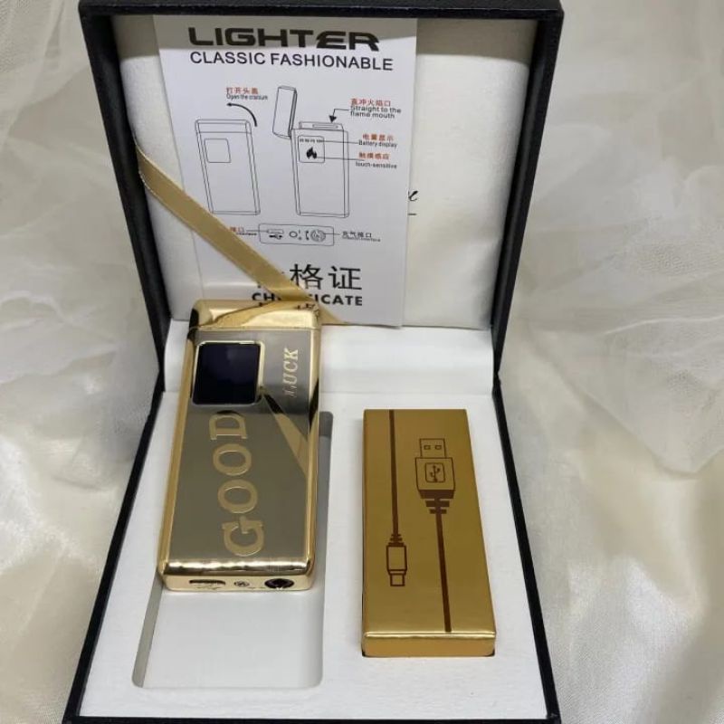 KOREK API LIGHTER ELEKTRIK DESAIN GOOD LUCK SET + BOX + CHARGER