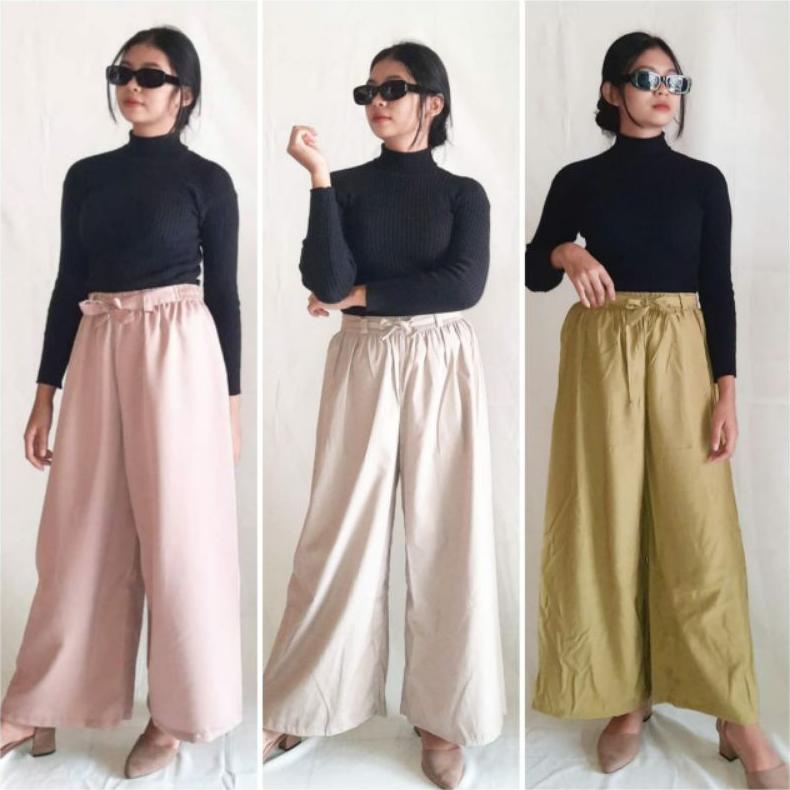 Promo celana panjang kulot culotte high waist highwaist HW wanita cewek remaja muslimah motif polos 