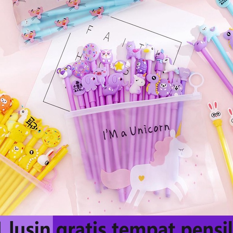 

Diskon 1 LUSIN PULPEN GEL MOTIF FREE TEMPAT PENSIL TRANSPARAN UNICORN FS PP28