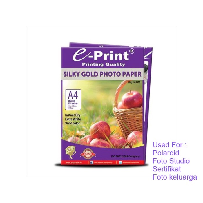 

Terlaris Kertas Foto E-Print Silky Gold Photo Paper A4 260 Gsm 1 Pak ( 20 L )