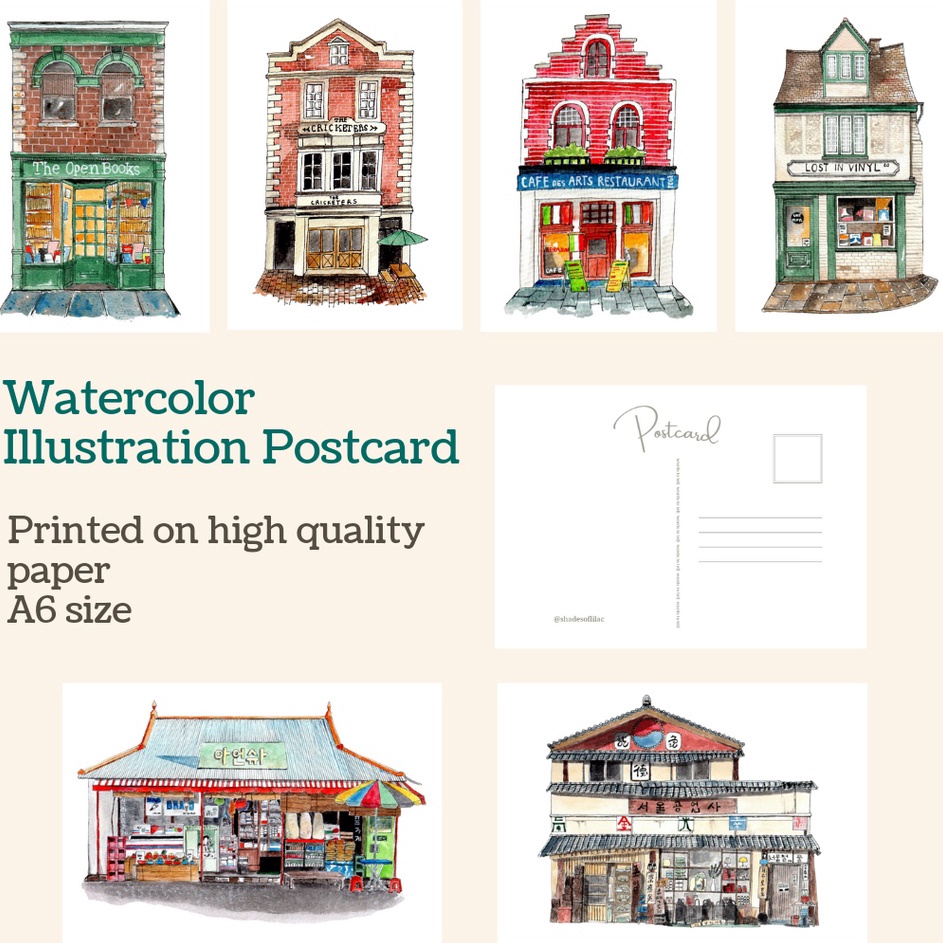 

[KODE PRODUK KVE0O6556] SHADESOFLILAC Building Illustration Postcard / Kartu Pos Bangunan
