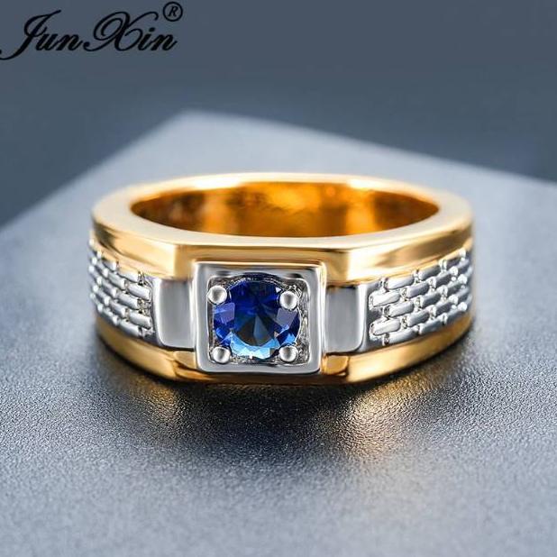 Terlaris Cincin Titanium Pria Lapis Emas Blue Safir & Green Zircon Erp