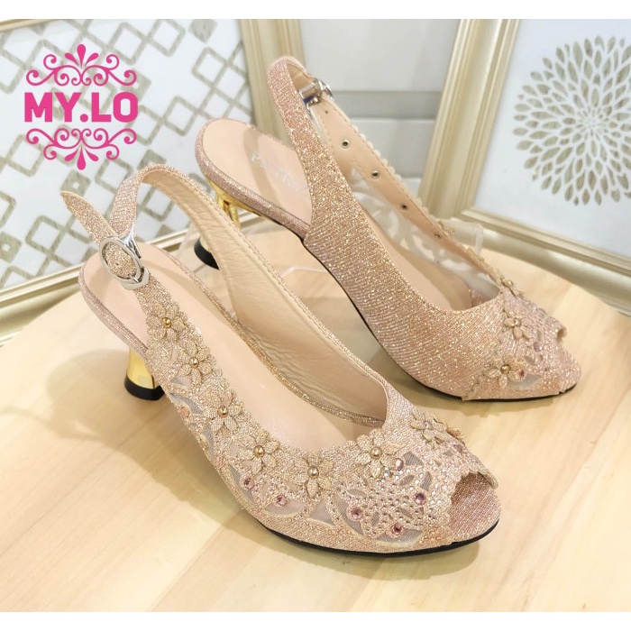 Sandal Sepatu Heel Pesta Selop Gold Wanita Mylo Ms3A95