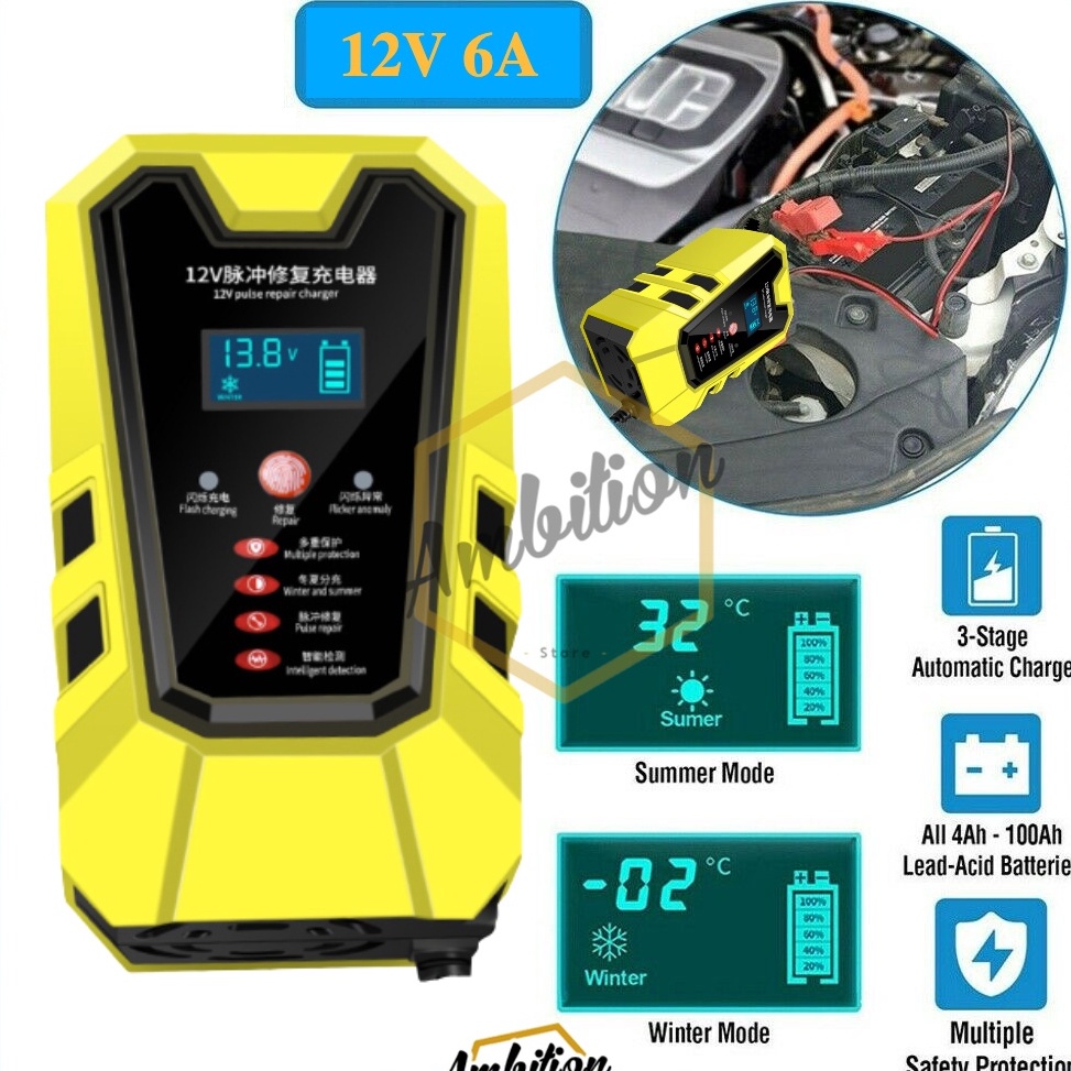 TERLARIS|| 12V 6A Cas Aki Mobil Motor Pulse Repair aki Otomatis  Power Digital LCD Display