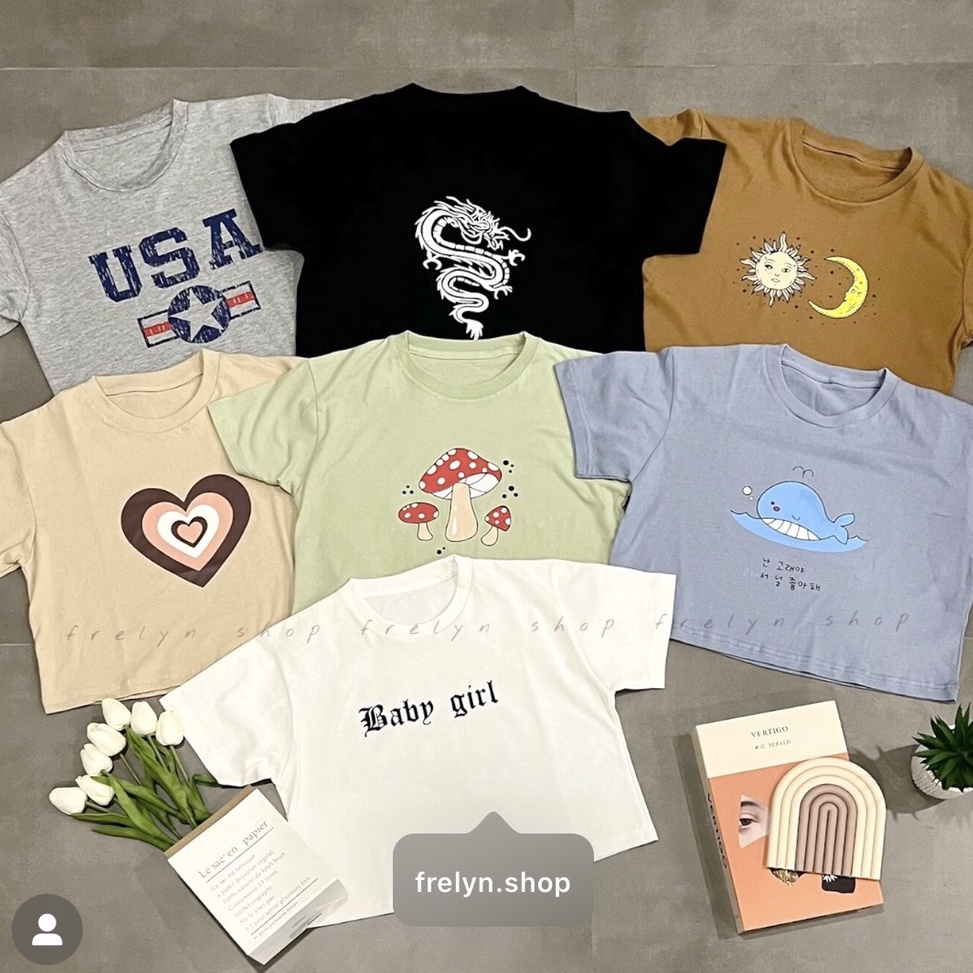 FRELYN SHOP - CROP TOP MOTIF | BAJU KAOS TUMBLR CROP TEE TSHIRT KAOS KOREA FASHION WANITA SAGE BEIGE