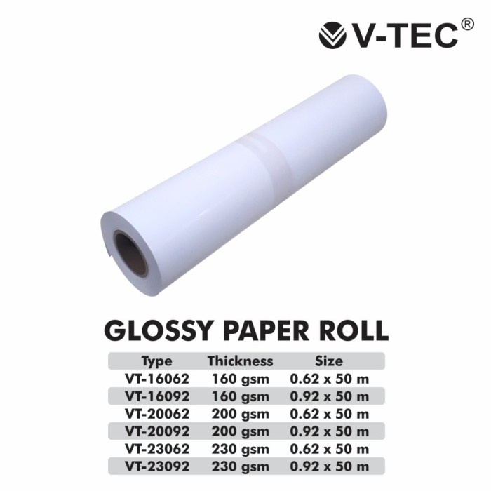 

Terlaris Kertas Photo Roll Glossy Photo Paper 0,92X50M 200Gsm V-Tec (Vt-20092)