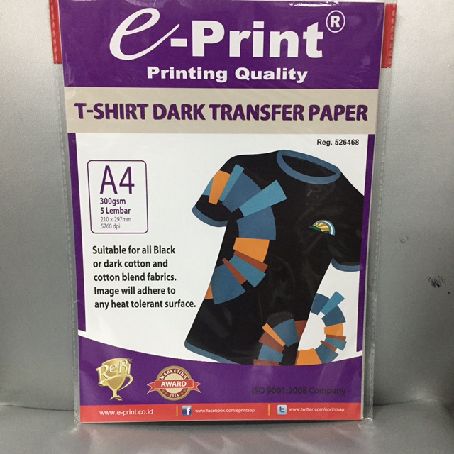 

Terlaris E-Print T-Shirt Dark Transfer Paper Tshirt Transfer A4 300Gsm 5 Lembar