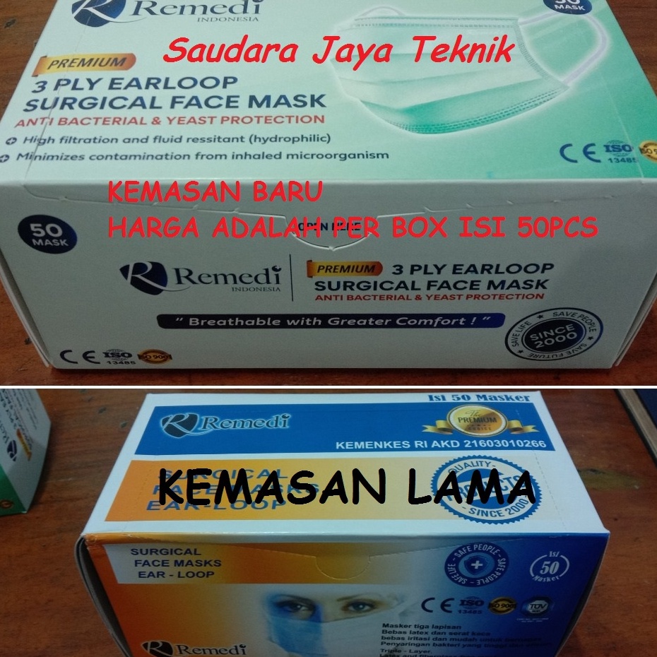 Masker Earloop Remedi 3ply Kemenkes | Masker Virus | 1 Box = 50pcs | 1 Karton = 40 Box | Grosir & Ec
