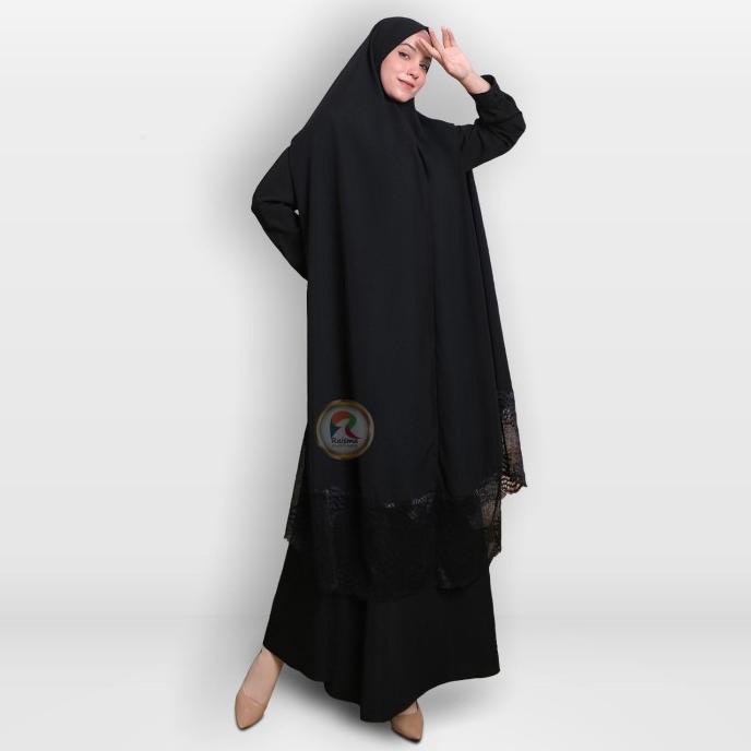 Raisma Gamis syari hitam manasik mewah elegan set khimar panjang 150