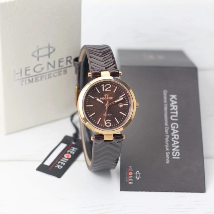 DISKON SPESIAL JAM TANGAN WANITA HEGNER 414 ORIGINAL GARANSI 1TH KULIT BROWN ROSEGOLD TERBARU