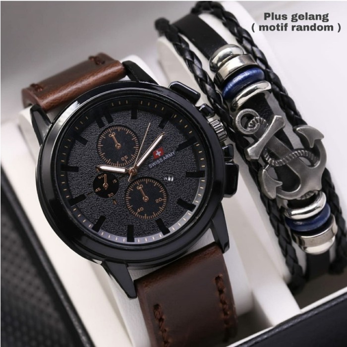 MUST HAVE JAM TANGAN PRIA SWISS ARMY KULIT PLUS GELANG MOTIF RANDOM TERLARIS