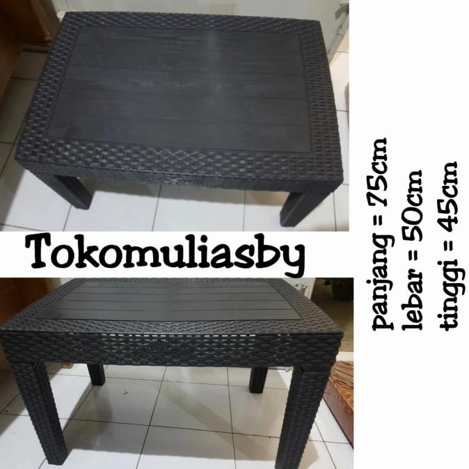 meja plastik motif rotan segi panjang kaki pendek blue shark