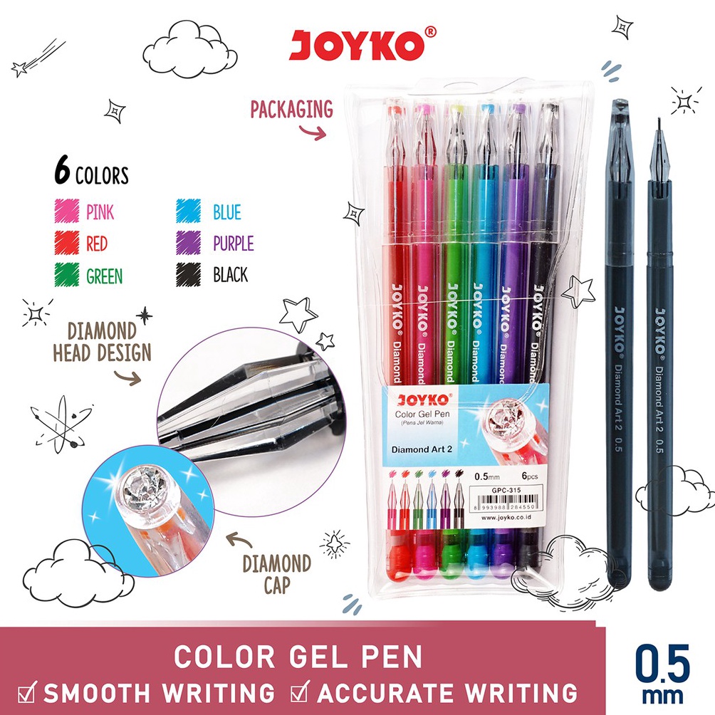 

Best Color Gel Pen Pena Jel Warna Joyko GPC-315 Diamond Art2 6 Warna 0.5 mm 48