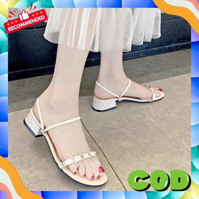 Vn 01 Sandal - Sendal Heels Hils Heals Hels Hak Tapak Tahu Tinggi Andin Kaca Transparan Kondangan Pe