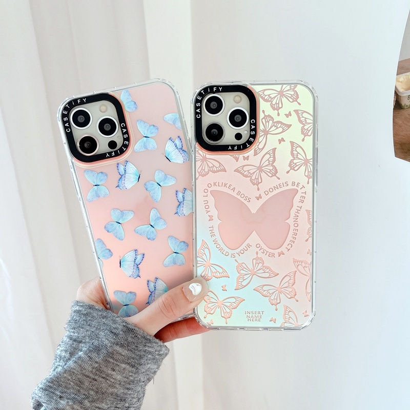∋Original Gradient butterfly Laser Hard Casing For iPhone X XS XR 11 12 13 Pro Max Holographic Acryl