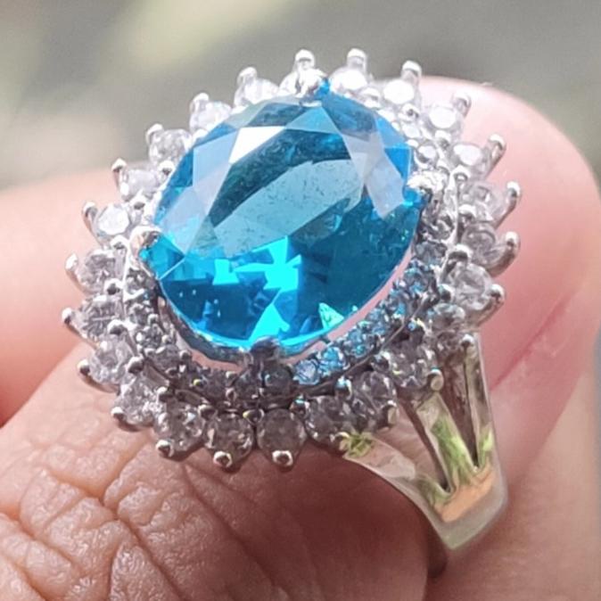 '+'+'+'+] Cincin Alpaka Wanita Batu Akik Permata Blue Topaz Topas Swiss Cutting
