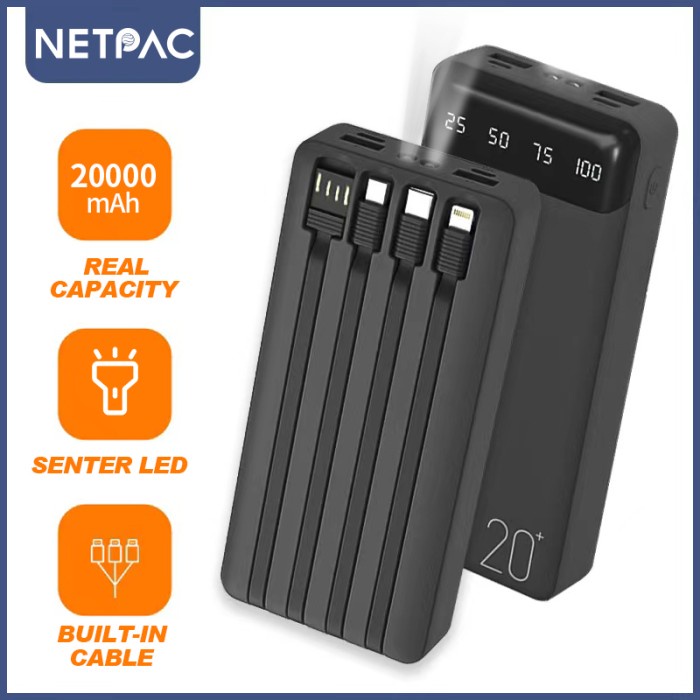 Terlaris Powerbank 20000 Mah With 2 Senter 4 Kabel Data Led Display Netpac
