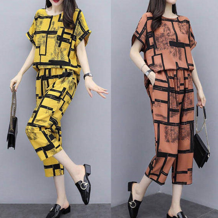 REKOMENDASI. Stok bersihBaju Kaos Dan Celana M-4XL Setelan Wanita Katun Linen Blus Sablon Lengan Pen