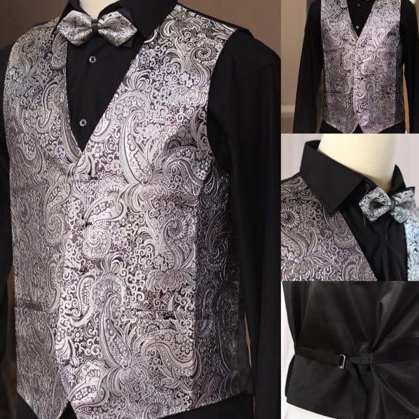 Vest Rompi Dalaman Jas Pesta Pria Motif Batik Silver Kombinasi Hitam