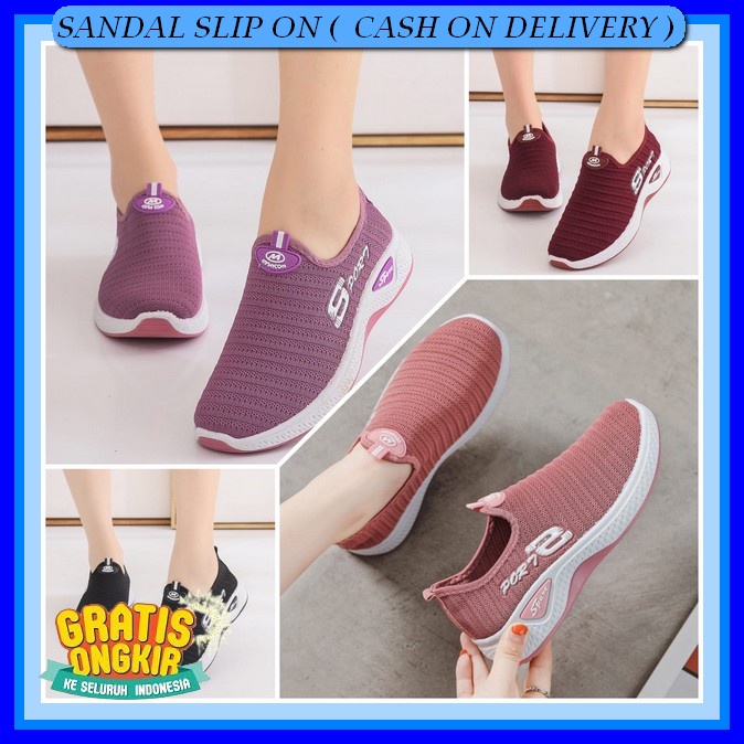 Slip On Cewek Sendal Karet Ibu Ibu Senam Sepatu Kets Wanita Import Original 100% Tanpa Tali Sandal S
