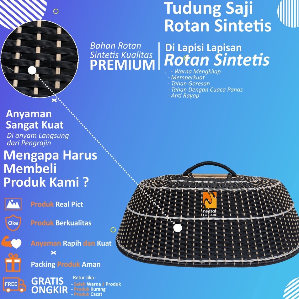 Model Terkini VDM Tudung Saji HItam Penutup Makan Kulit Unik Rotan Sintetis warna Hitam ☆ (Terupdate