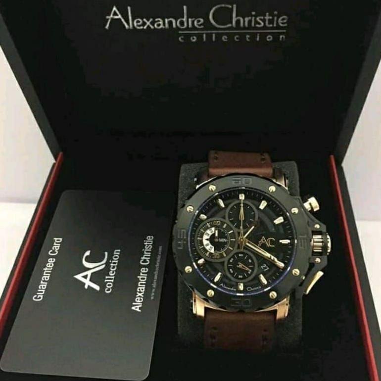 Bayar ditempat 12.12 Jam Tangan Kulit Asli Pria Ori Alexandre Christie AC 9205 Hitam putih gold Jam 
