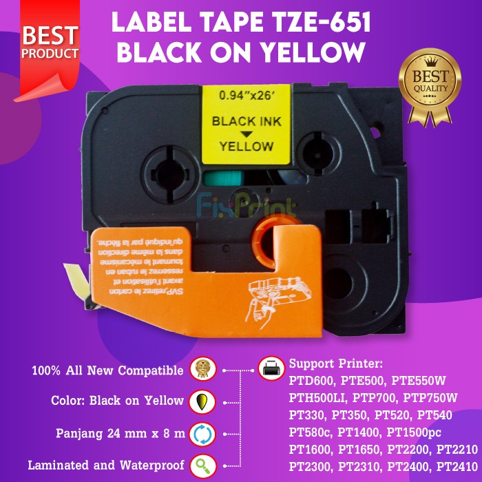 

Label Tape TZE-651 24MM Black On Yellow PT-P750W P900W P950NW