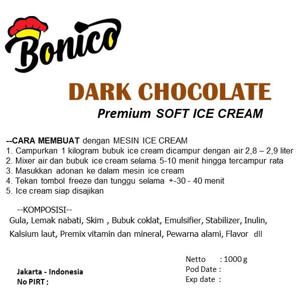 

BONICO DARK COKLAT Tepung bubuk SOFT es krim 1kg COKELAT halal grosir