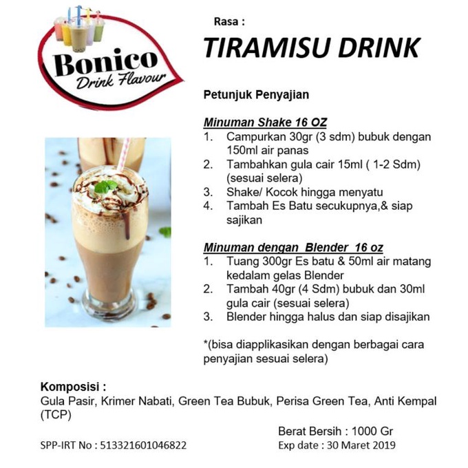 

TIRAMISU powder 1kg Bubuk minuman BONICO Milk shake ICE BLEND