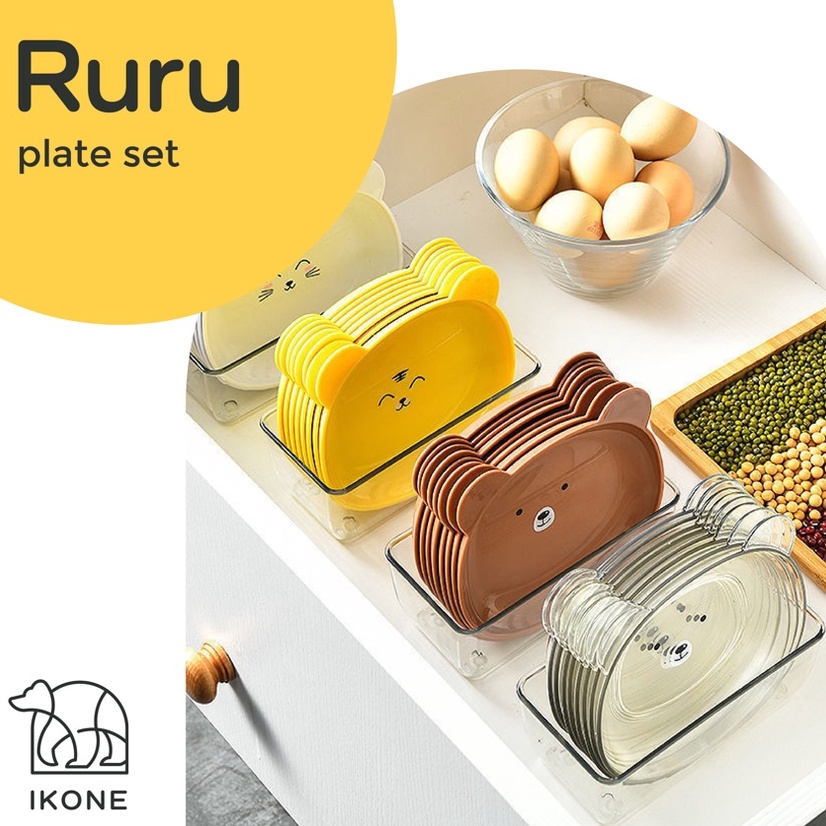 Best terlaris 【IKONE】RURU 6 in 1 Set Piring Plastik Lucu Beruang Piring Kecil Snacking Plate Piring 
